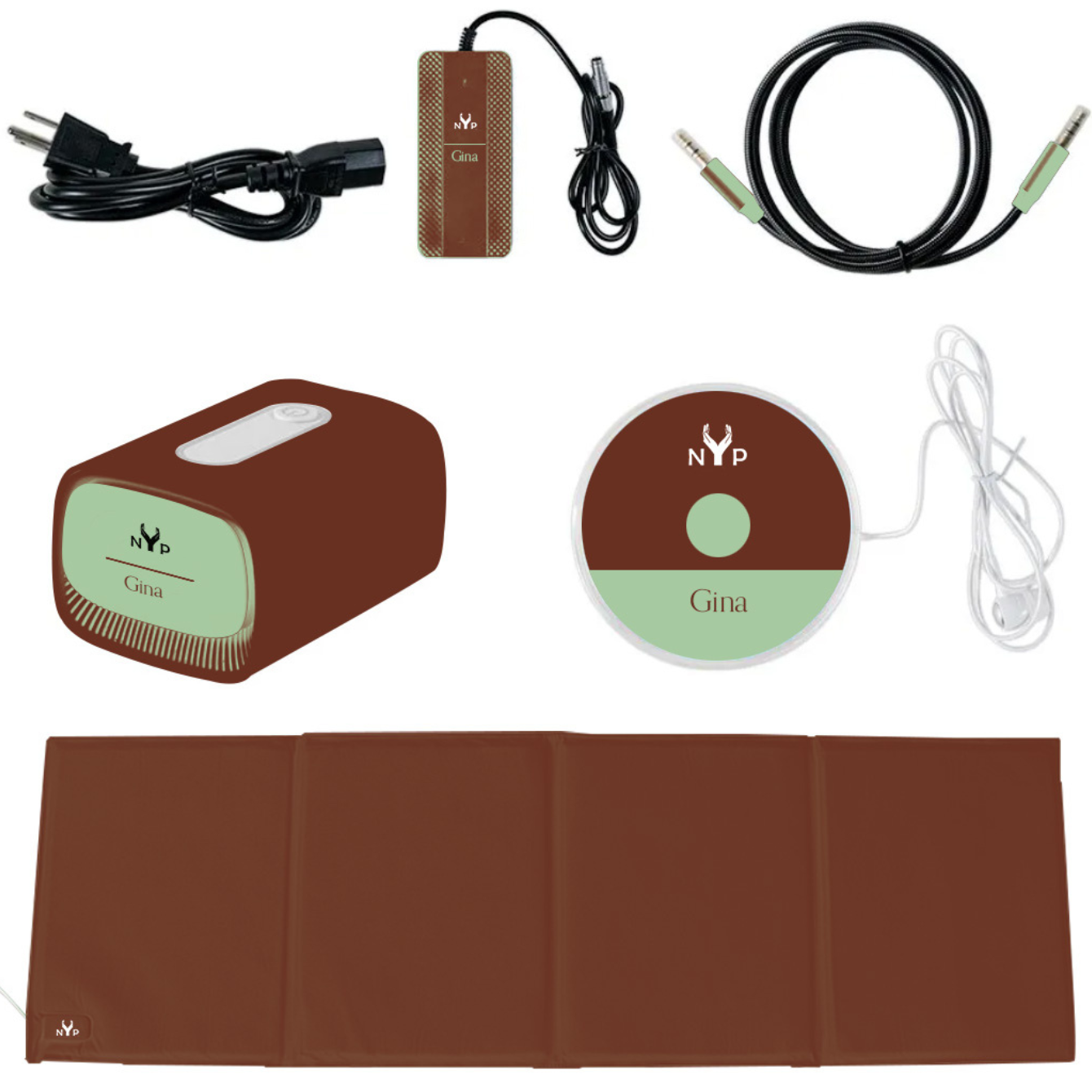 A PEMF device including a brown mat, control unit, cables, and a disc with the brand logo.