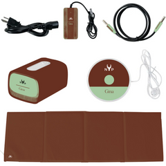 A PEMF device including a brown mat, control unit, cables, and a disc with the brand logo.