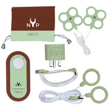 A collection of NYP Nico PEMF devices including a power supply unit, multiple stimulation pads, and a USB charging cable.
