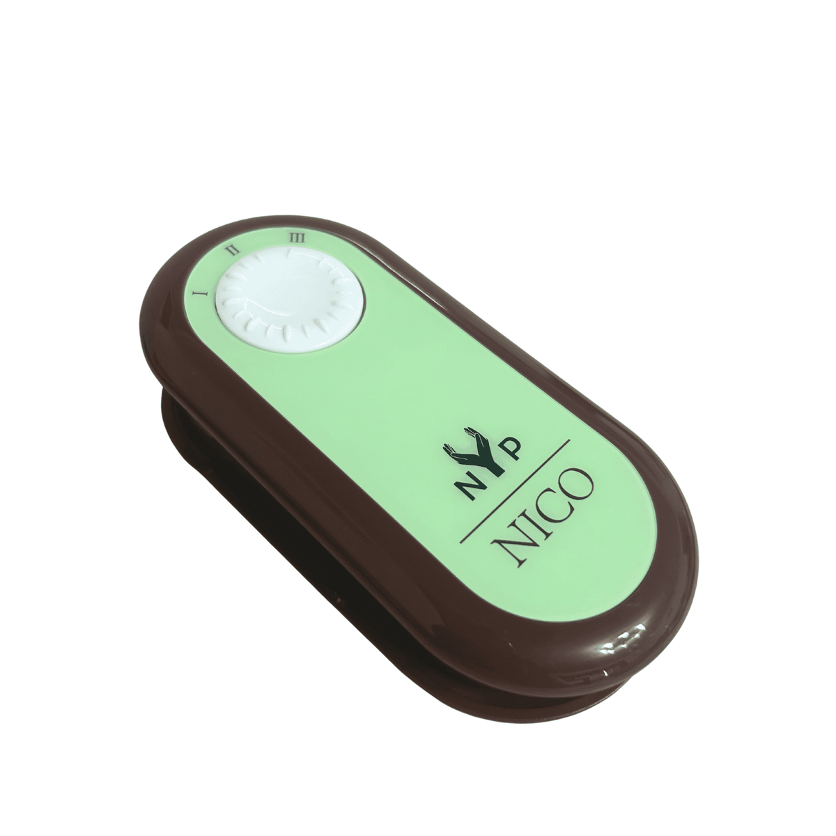 NYP Nico portable targeted PEMF wellness device in brown and mint green with numbered settings.
